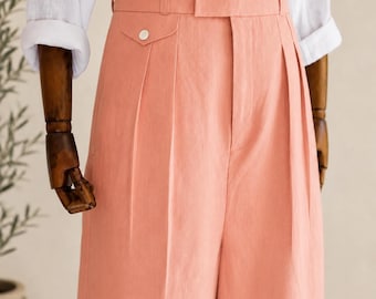 Vintage salmon Linen Pleated Wide Leg Trousers, High Waisted Summer Beach Wedding Pants