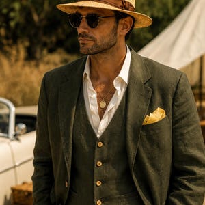 Op de afbeelding: Een olijfgroen driedelig pak met een strohoed en zonnebril. Het pak bestaat uit een blazer, vest en broek. Een wit overhemd wordt eronder gedragen en een gele pochet voegt een vleugje kleur toe. Een gouden ketting is zichtbaar.