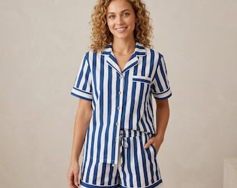 Striped Cotton Pajama Set | Lightweight Summer Loungewear Set | Gift For Her