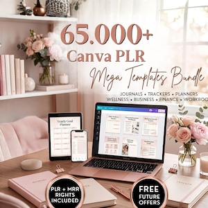 May include: A digital product bundle featuring a laptop, tablet, and smartphone displaying Canva templates. Text reads 65,000+ Canva PLR Mega Templates Bundle, Journals, Trackers, Planners, Wellness, Business, Finance, Workbook, PLR + MRR rights included, Free future offers, Edit, Rebrand, Resell.