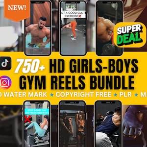 Más de 750 videos HD de gimnasio para chicas y chicos, manualidades y videos virales de entrenamiento en el gimnasio para TikTok, Instagram, YouTube, marketing digital y descarga instantánea de mrr-plr.