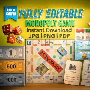 May include: A digital Monopoly game board with dice, play money, and property cards. The game board features the text "MONOPOLY" and "FULLY EDITABLE". The image also includes the text "Instant Download JPG | PNG | PDF". A cartoon boy is smiling and pointing.