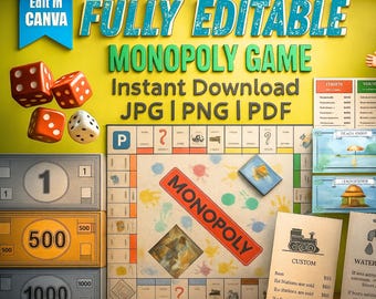 Editable Monopoly Game Template - Custom Printable Board, Cards, Money - Canva Template & PDF -Digital Download