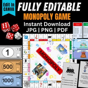 Editable Monopoly Game Template - Custom Printable Board, Cards, Money - Canva Template & PDF - Family Game Night-Digital Download