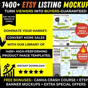 May include: A promotional image for Etsy listing mockups. The image features a man pointing to text that reads "1400+ Etsy Listing Mockup" and "Turn Viewers into Buyers-Guaranteed." It also includes product image templates and bonus offers.