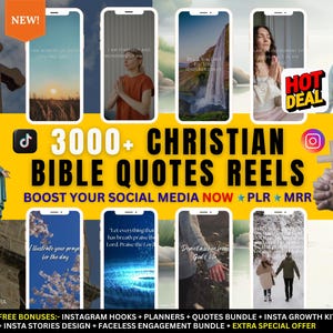 Puede incluir: Imagen promocional con pantallas de teléfonos inteligentes que muestran citas bíblicas cristianas. La imagen incluye el texto "3000+ CHRISTIAN BIBLE QUOTES REELS" y "BOOST YOUR SOCIAL MEDIA NOW". El texto adicional incluye "NEW!" y "HOT DEAL".