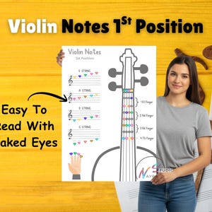 Puede incluir: Una mujer sostiene un póster titulado "Violin Notes 1st Position" con un diagrama del diapasón de un violín. El póster incluye notas musicales y el texto "Easy To Read With Naked Eyes". Notas musicales de madera en el fondo.