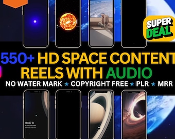 May include: An advertisement featuring eight smartphones displaying space-themed content. The image includes the text "550+ HD SPACE CONTENT REELS WITH AUDIO" and promotional labels. The background shows a depiction of Earth and space.