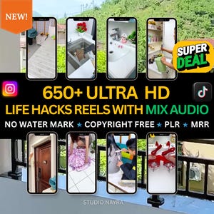 Op de afbeelding: Een advertentie met meerdere smartphones die tips voor thuis en lifestyle weergeven. De afbeelding bevat de tekst "650+ ULTRA HD LIFE HACKS REELS WITH MIX AUDIO". Extra tekst is "NEW!" en "SUPER DEAL."