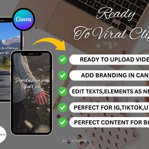 May include: Image featuring a laptop, smartphones, and text. The smartphones display scenic images and text. The text includes "Ready To Viral Clips", "Ready to Upload Videos", and "Perfect Content for Boost". A Canva logo is visible.