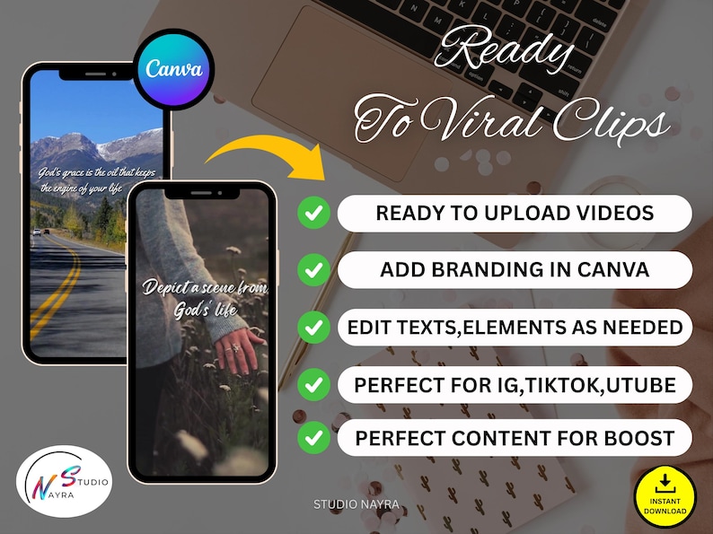 May include: Image featuring a laptop, smartphones, and text. The smartphones display scenic images and text. The text includes "Ready To Viral Clips", "Ready to Upload Videos", and "Perfect Content for Boost". A Canva logo is visible.