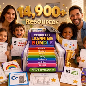 May include: A complete learning bundle set featuring a purple organizer box with labeled color-coded tabs for alphabet, numbers, shapes, tracing, flashcards, activities, and coloring. The set includes various educational worksheets and cards.
