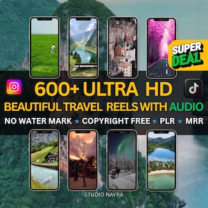 Puede incluir: Un anuncio con ocho smartphones que muestran escenas de viajes. El texto incluye "600+ ULTRA HD BEAUTIFUL TRAVEL REELS WITH AUDIO" y "SUPER DEAL". La imagen también incluye iconos de redes sociales y el texto "NO WATER MARK COPYRIGHT FREE PLR MRR".