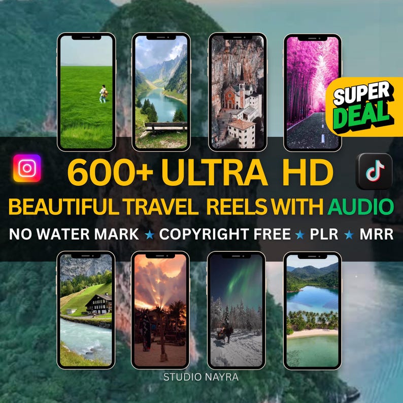 May include: An advertisement featuring eight smartphones displaying travel scenes. Text includes "600+ ULTRA HD BEAUTIFUL TRAVEL REELS WITH AUDIO" and "SUPER DEAL". The image also includes social media icons and the text "NO WATER MARK COPYRIGHT FREE PLR MRR".