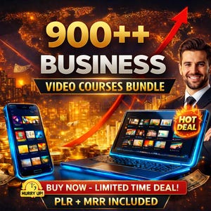 Puede incluir: Un anuncio de un paquete de cursos de vídeo de negocios. La imagen presenta un portátil y un smartphone con miniaturas de cursos, un hombre con traje y el texto "900++ BUSINESS VIDEO COURSES BUNDLE". Una flecha roja apunta hacia arriba y las palabras "HOT DEAL" son visibles.