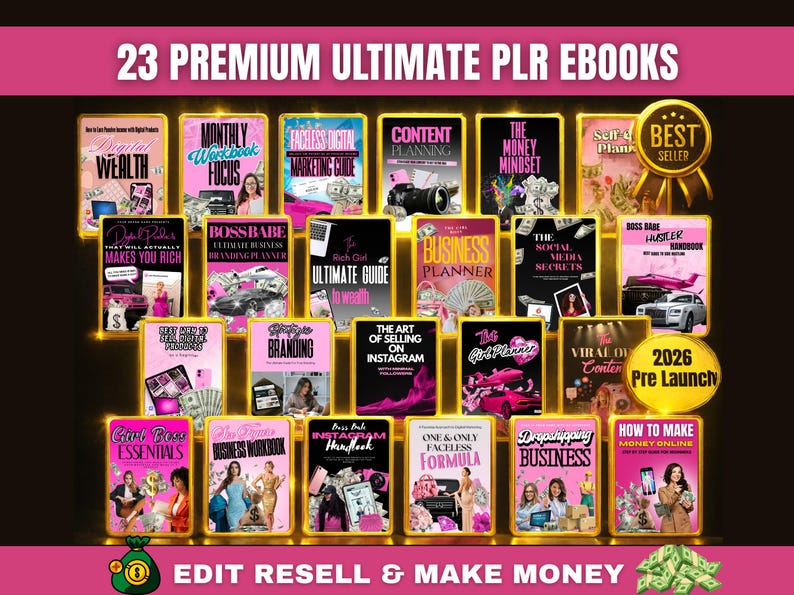 A digital collage featuring the covers of 23 Girl Boss eBooks from the PLR bundle, showing topics like business planning, social media, and mindset, all fully editable in Canva.