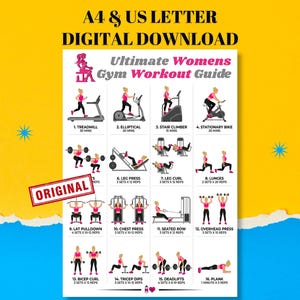 Könnte beinhalten: Ein digitaler Trainingsleitfaden mit dem Titel Ultimate Womens Gym Workout Guide, der sechzehn illustrierte Übungsroutinen mit Textbeschriftungen für Laufband, Crosstrainer, Treppensteiger, Fahrrad, Beinpresse, Ausfallschritte, Latzug, Drücken, Rudern, Curls, Dips, Kreuzheben und Unterarmstütz enthält.