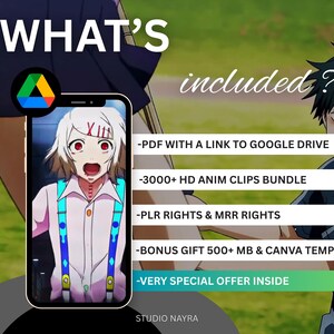 May include: An image featuring a smartphone displaying an anime character with white hair and red eyes. The phone is set against a blurred background with text that reads "WHAT'S included?" and details about the offer, including "3000+ HD ANIM CLIPS BUNDLE".