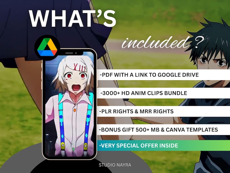 May include: An image featuring a smartphone displaying an anime character with white hair and red eyes. The phone is set against a blurred background with text that reads "WHAT'S included?" and details about the offer, including "3000+ HD ANIM CLIPS BUNDLE".