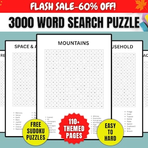 Pode incluir: Uma pilha de livros de quebra-cabeças de busca de palavras com o texto "3000 WORD SEARCH PUZZLE". As capas exibem temas como "Montanhas" e "Natureza". Inclui "Free Sudoku Puzzles" e "110+ Themed Pages". O texto "Easy to Hard" também é visível.