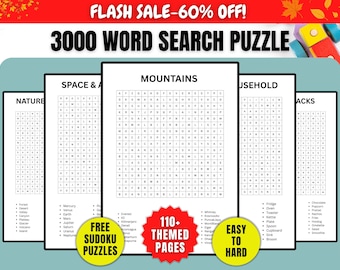 Themed Word Search Puzzle,3000 Unique Printable Word Search Game for Adults & Kids,Relaxing Brain Games,PLR Puzzle Bundle