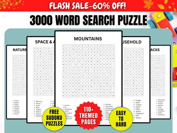 Themed Word Search Puzzle,3000 Unique Printable Word Search Game for Adults & Kids,Relaxing Brain Games,PLR Puzzle Bundle