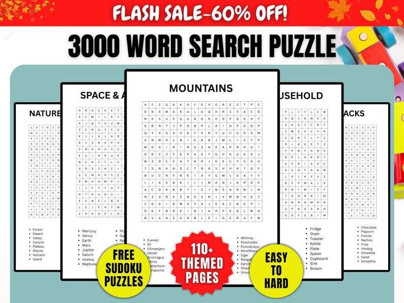 Printable themed word search puzzle pages for adults in A4 size with 3000 unique words and answer keys included