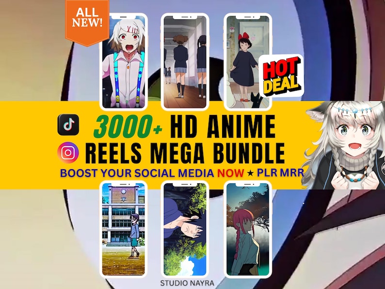 May include: A promotional image featuring six smartphones displaying anime-style artwork. The image includes text that reads "3000+ HD ANIME REELS MEGA BUNDLE" and "BOOST YOUR SOCIAL MEDIA NOW". A "HOT DEAL" sticker is also present.