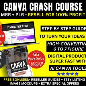 May include: A vibrant graphic promoting a Canva Crash Course, featuring a laptop displaying a design interface and a book titled "Canva Crash Course." The image highlights the course's focus on digital product creation with AI tools, promising high-converting results.