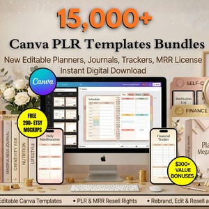 15,000 plus Canva PLR templates bundle display showing various planner pages.