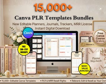 15,000+ Canva PLR Editable Template Bundle: MRR Digital Product, Mega Planner Pack, Wellness Planner/Journal MRR,Pack,Done For You Planner
