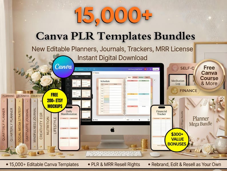 15,000 plus Canva PLR templates bundle display showing various planner pages.