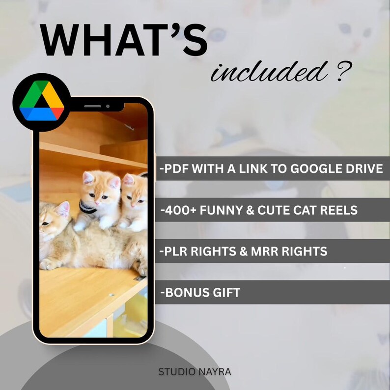 Peut inclure: Graphique avec le texte "WHAT'S included?" et un smartphone affichant des chatons. L'image liste un PDF avec un lien Google Drive, 400+ bobines de chats, les droits PLR & MRR et un cadeau bonus. Le logo Studio Nayra est en bas.