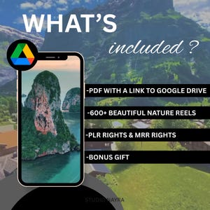 May include: A smartphone displays a tropical island scene with the text "WHAT'S included?" and a list of included items: PDF with a Google Drive link, 600+ nature reels, PLR & MRR rights, and a bonus gift. The Studio Nayra logo is at the bottom.