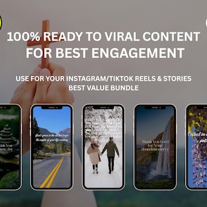May include: Image featuring five smartphones displaying inspirational quotes and scenic backgrounds. A wooden cross is held up, with text overlaying the image: "100% READY TO VIRAL CONTENT FOR BEST ENGAGEMENT." The image promotes content for Instagram, TikTok reels, and stories.