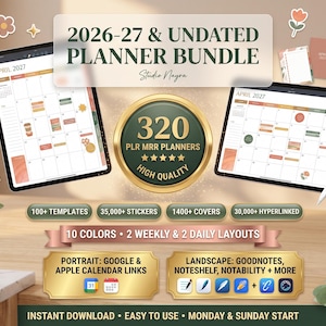 May include: A digital planner bundle featuring two tablets displaying April 2027 calendars, a gold badge stating 320 PLR MRR PLANNERS, and text labels for 100+ templates, 35,000+ stickers, 1400+ covers, and 30,000+ hyperlinks with app icons for digital use.