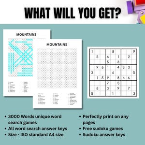 A4 size word search game bundle preview showing several puzzle pages and complete solutions