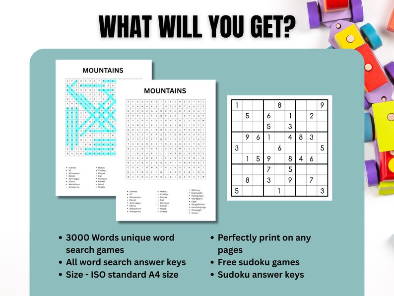 A4 size word search game bundle preview showing several puzzle pages and complete solutions