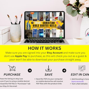 May include: A laptop displays a screen with the text "3000+ CHRISTIAN BIBLE QUOTES REELS". The image also shows a white box, a vase with paintbrushes, a white vase with flowers, and a coffee cup. The text "HOW IT WORKS" is displayed in yellow.