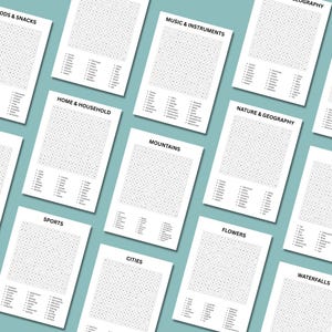 Close up of challenging adult word search puzzle grid with long themed word list beside it,Relaxing printable word search and Sudoku puzzle worksheets laid out on a desk with pen and coffee