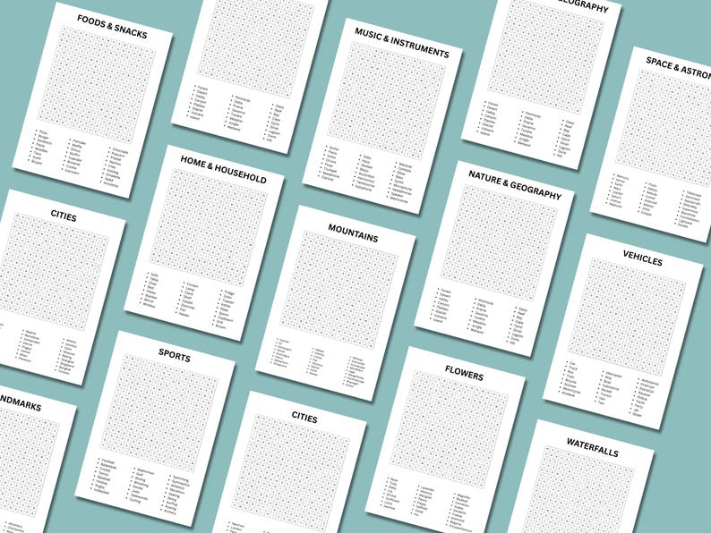 Close up of challenging adult word search puzzle grid with long themed word list beside it,Relaxing printable word search and Sudoku puzzle worksheets laid out on a desk with pen and coffee