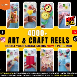 Könnte beinhalten: Werbegrafik mit dem Text "4000+ ART & CRAFT REELS" und "BOOST YOUR SOCIAL MEDIA NOW." Das Bild zeigt mehrere Smartphone-Bildschirme mit verschiedenen Bastelprojekten, darunter Papierblumen und dekorative Gegenstände. Der Hintergrund ist gelb und schwarz.
