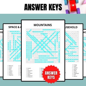 Digital download word search game bundle showing multiple printable puzzles and free bonus Sudoku pages for adults