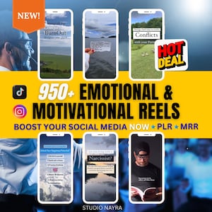 May include: A digital marketing graphic featuring 950+ Emotional & Motivational Reels for social media. The layout includes six smartphone screen mockups displaying various video content, an orange NEW tag, a red and yellow HOT DEAL sticker, and text.