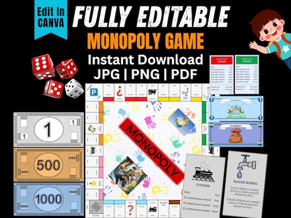 Editable Monopoly Game Board Canva Template, Custom Board Game, DIY Monopoly Game, Printable Monopoly, Classroom Game, Family Game Nights