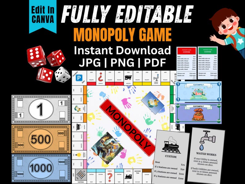 Custom board game mockup featuring a personalized family-themed monopoly board.