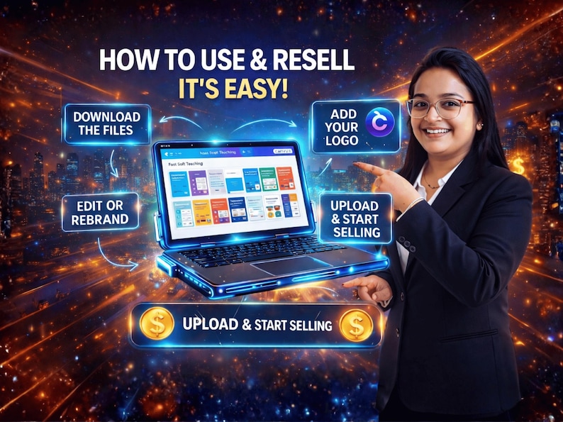 900 PLR courses niches like SEO and social media icons.Icon set showing compatibility with Woocommerce courses and Shopify.