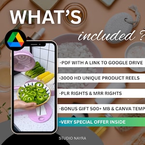 May include: An image with the text "WHAT'S included?" and a smartphone displaying sliced vegetables. The text lists digital product features: PDF with Google Drive link, 3000 HD reels, PLR & MRR rights, bonus gift, and a special offer.