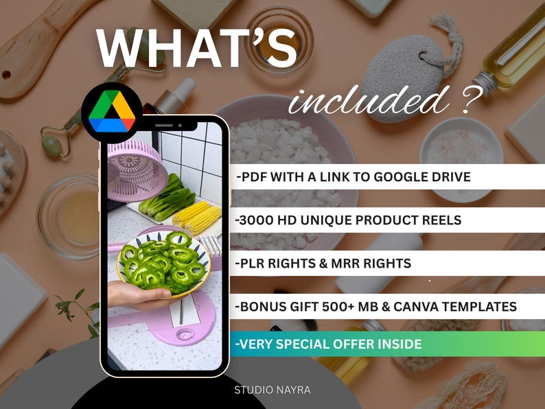 May include: An image with the text "WHAT'S included?" and a smartphone displaying sliced vegetables. The text lists digital product features: PDF with Google Drive link, 3000 HD reels, PLR & MRR rights, bonus gift, and a special offer.