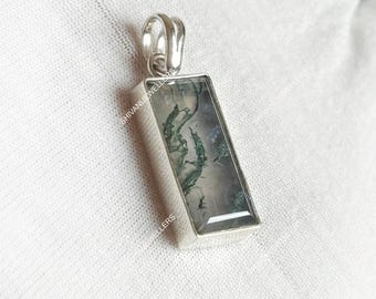 Rectangle Moss Agate Pendant: 925 Sterling Silver Bezel Setting